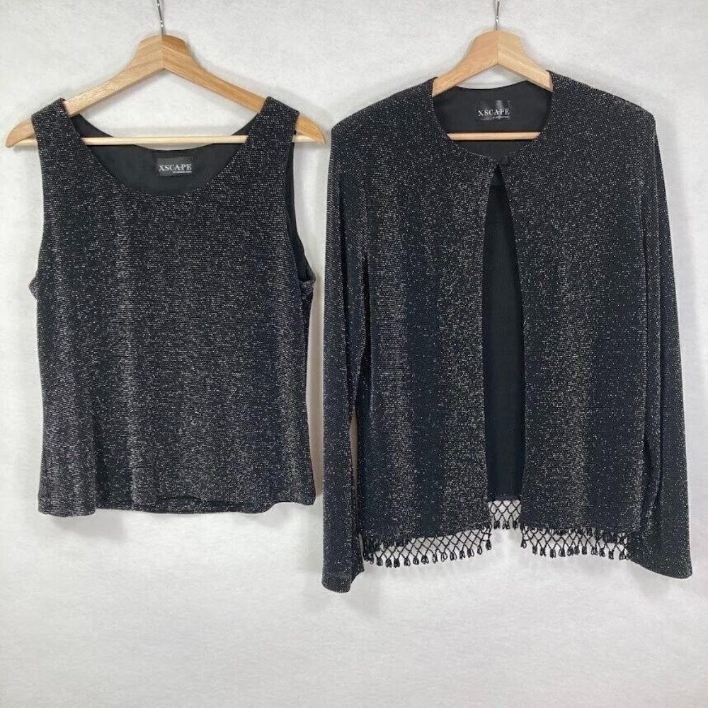 Xscape Two Piece Metallic Beaded Fringe Cocktail Set Grandma Chic Holiday Party